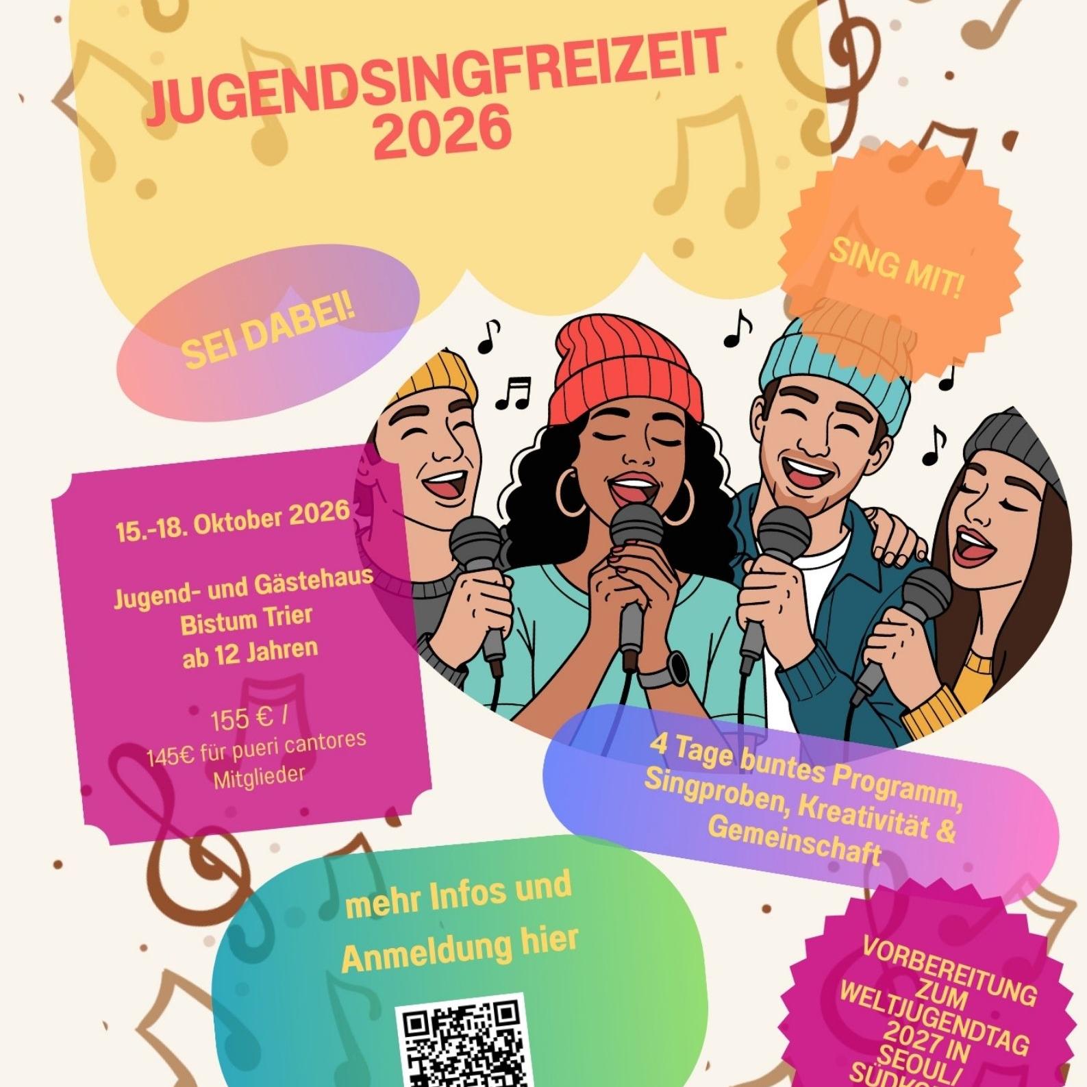 Plakat mit bunten Infotextfeldern und ein Bild mit gez. Sängerinnen und Sänger