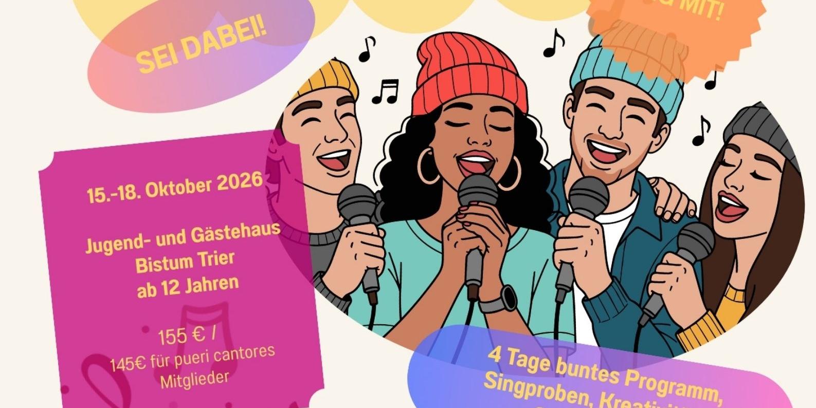 Plakat mit bunten Infotextfeldern und ein Bild mit gez. Sängerinnen und Sänger
