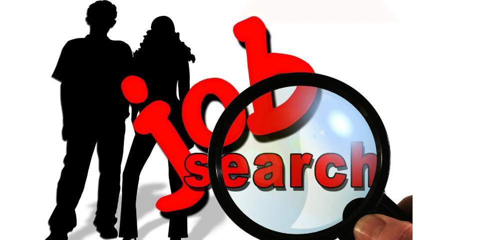 Es sind zwei Personen komplett in der Farbe 'Schwarz' gemalt. Durch eine Lupe sieht man die Wörter 'job search' in roter Schrift