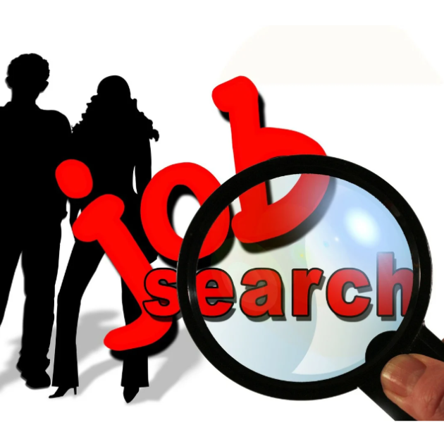 Es sind zwei Personen komplett in der Farbe 'Schwarz' gemalt. Durch eine Lupe sieht man die Wörter 'job search' in roter Schrift